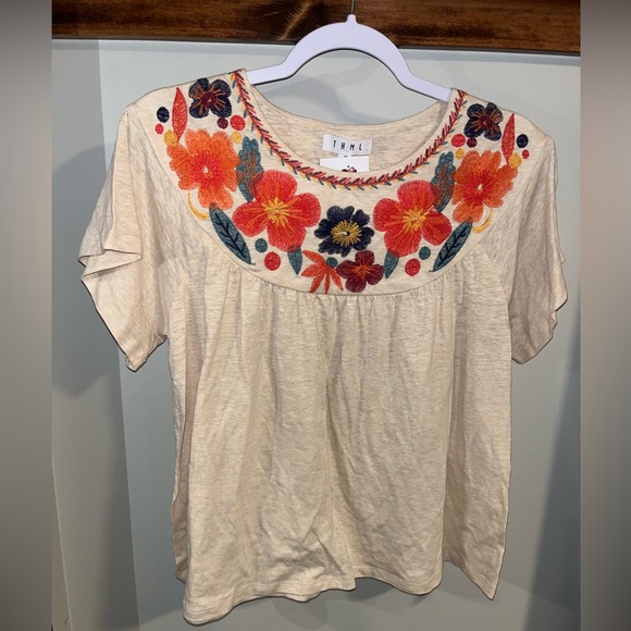 THML Tops - THML Cream Blouse with Orange & Navy Floral Embroidery